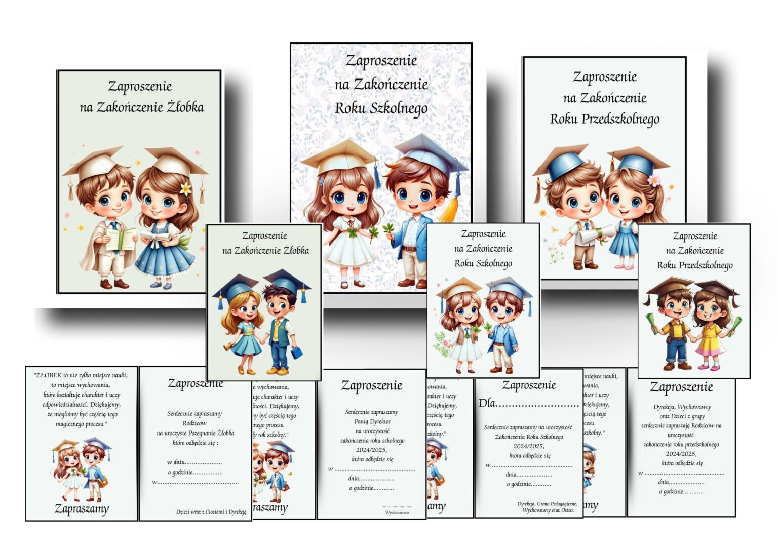 ZAPROSZENIA NA ZAKOŃCZENIE ROKU SZKOLNEGO, ŻŁOBKA,PRZEDSZKOLA 2024/2025