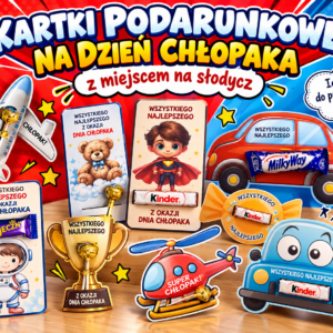 Kartki podarunkowe na DZIEŃ CHŁOPAKA z miejscem na słodycz