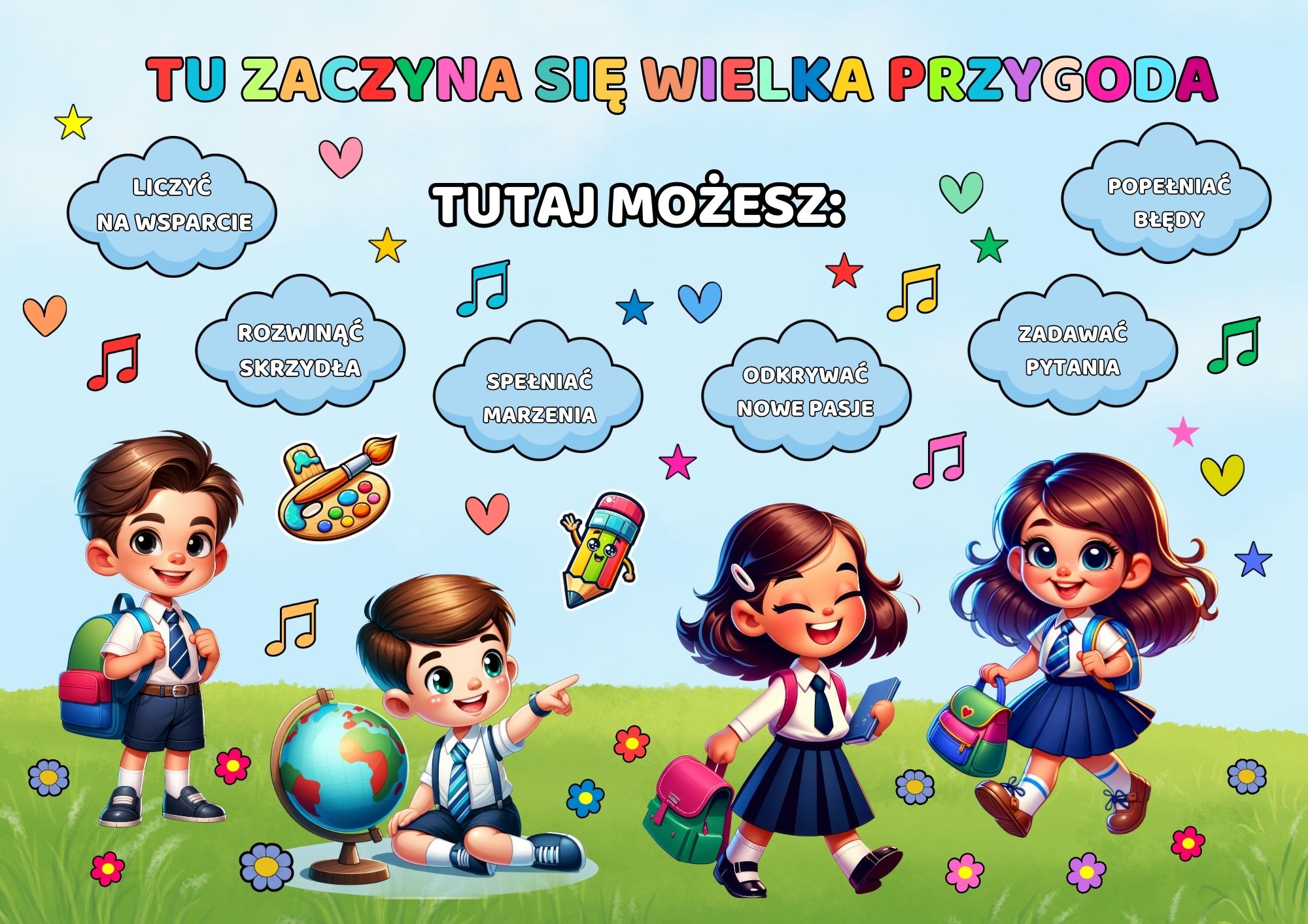 DEKORACYJNA GAZETKA NA ROZPOCZĘCIE ROKU SZKOLNEGO / TU ZACZYNA SIĘ WIELKA PRZYGODA