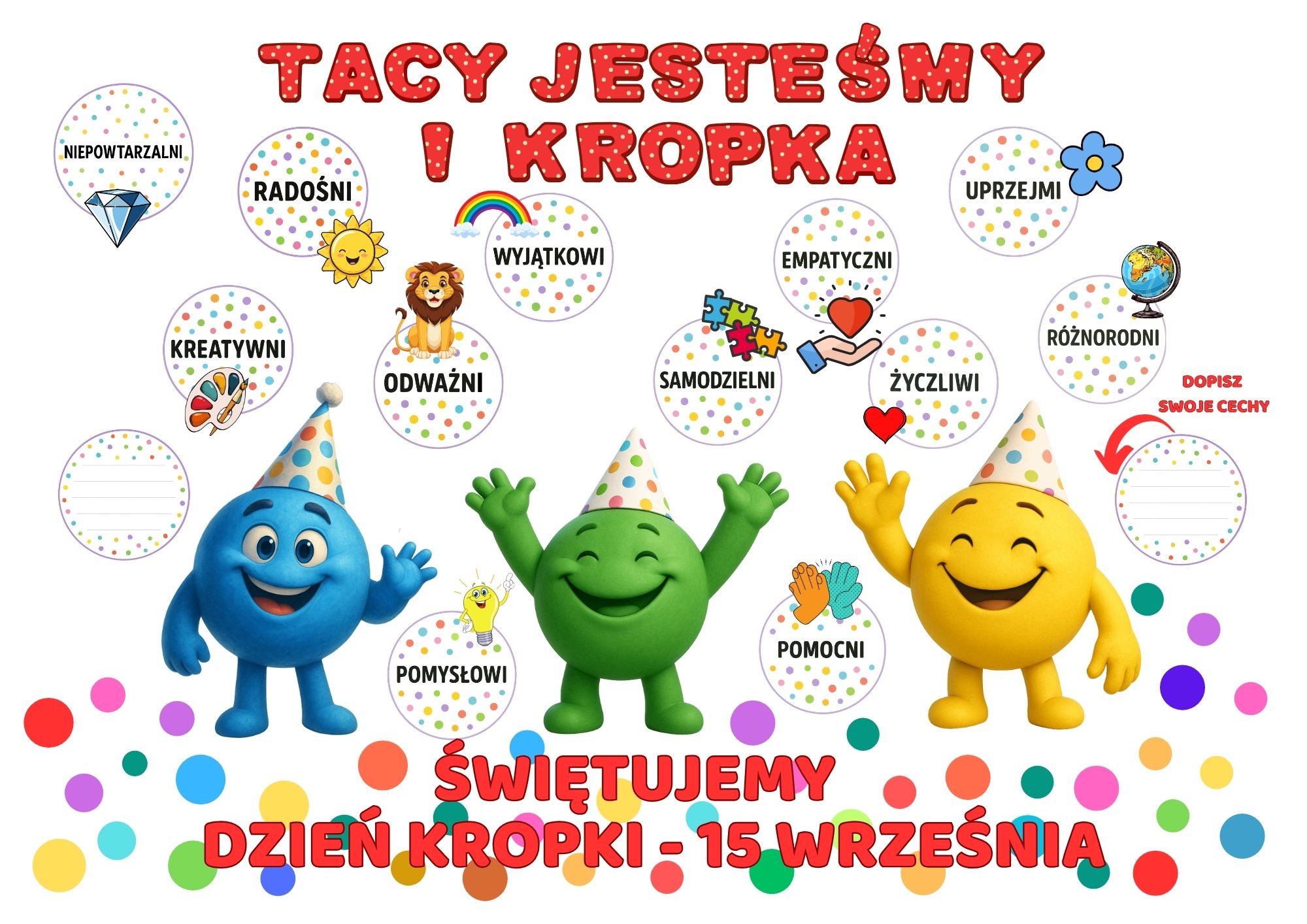 DEKORACJA NA GAZETKĘ TACY JESTEŚMY I KROPKA – zestaw na Dzień Kropki