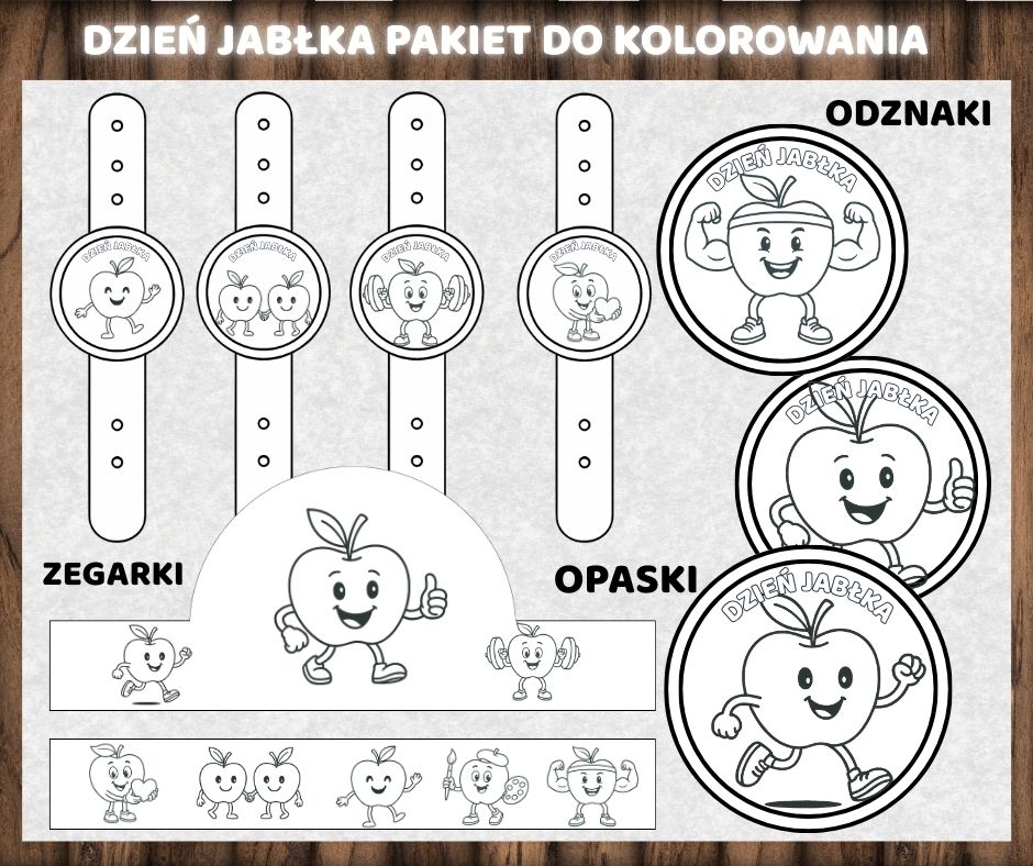 DZIEŃ JABŁKA PAKIET DO KOLOROWANIA OPASKI ODZNAKI ZEGARKI