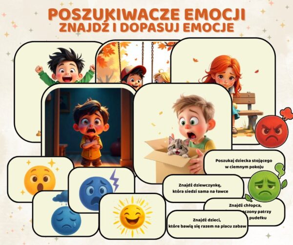 POSZUKIWACZE EMOCJI- ĆWICZENIA, KARTY PRACY EMOCJE ZABAWA