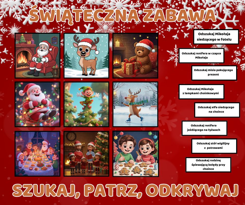 Świąteczna zabawa „Szukaj, patrz, odkrywaj” – zestaw 50 kart PDF do druku