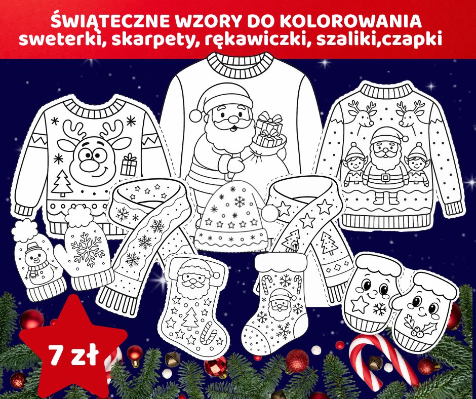 ZIMOWO ŚWIĄTECZNE KREATYWNE WZORY DO KOLOROWANIA MIKOŁAJKI