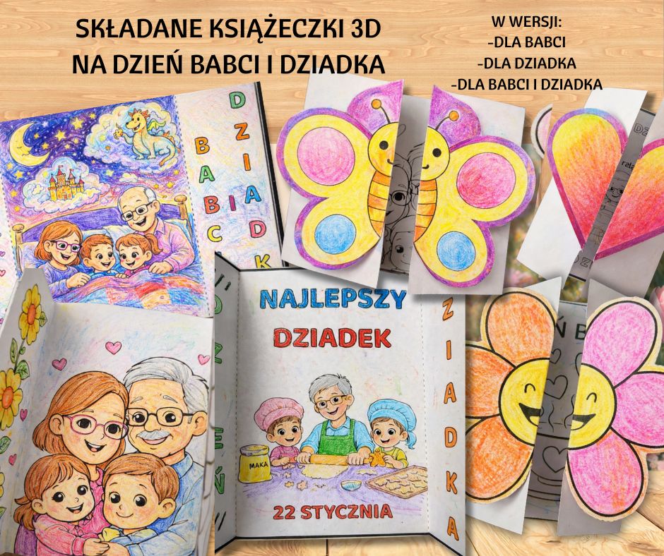 SKŁADANE KSIĄŻECZKI 3D NA DZIEŃ BABCI I DZIADKA DO KOLOROWANIA