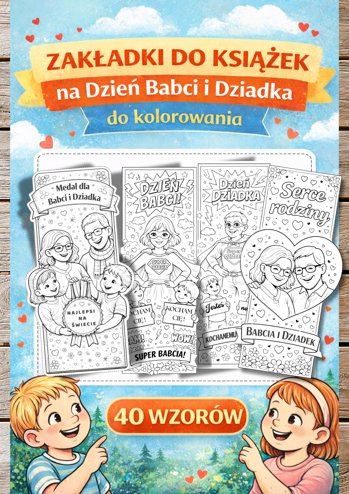 Zestaw 40 zakładek do kolorowania – Dzień Babci i Dziadka