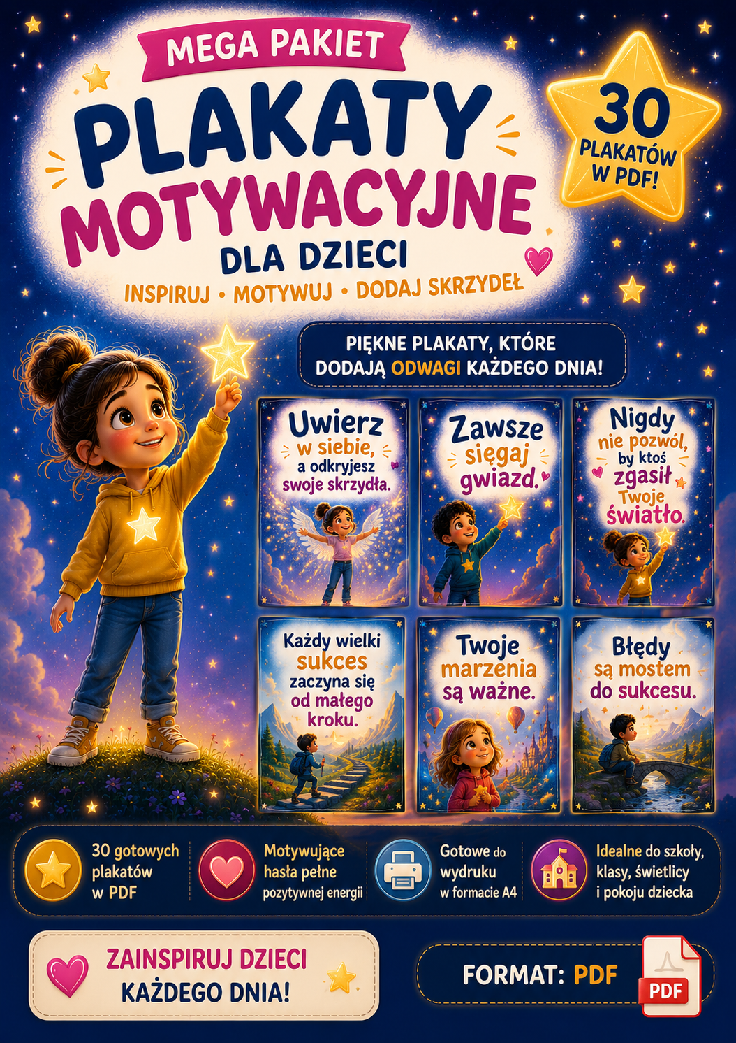 PLAKATY MOTYWACYJNE DO SZKÓŁ, PRZEDSZKOLI, ZERÓWKI NA TABLICĘ, GAZETKĘ