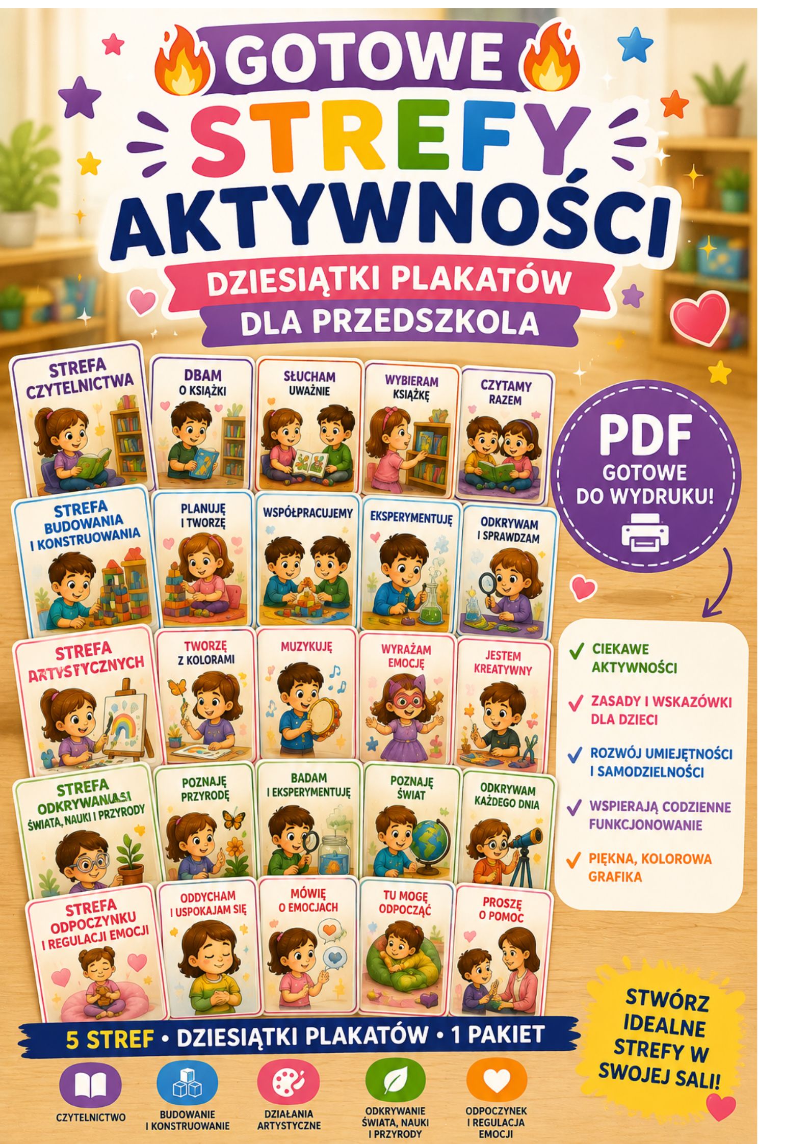 Strefy aktywności – ponad 80 plakatów PDF | 5 stref dla przedszkola i klas młodszych | Nowa podstawa programowa 2026