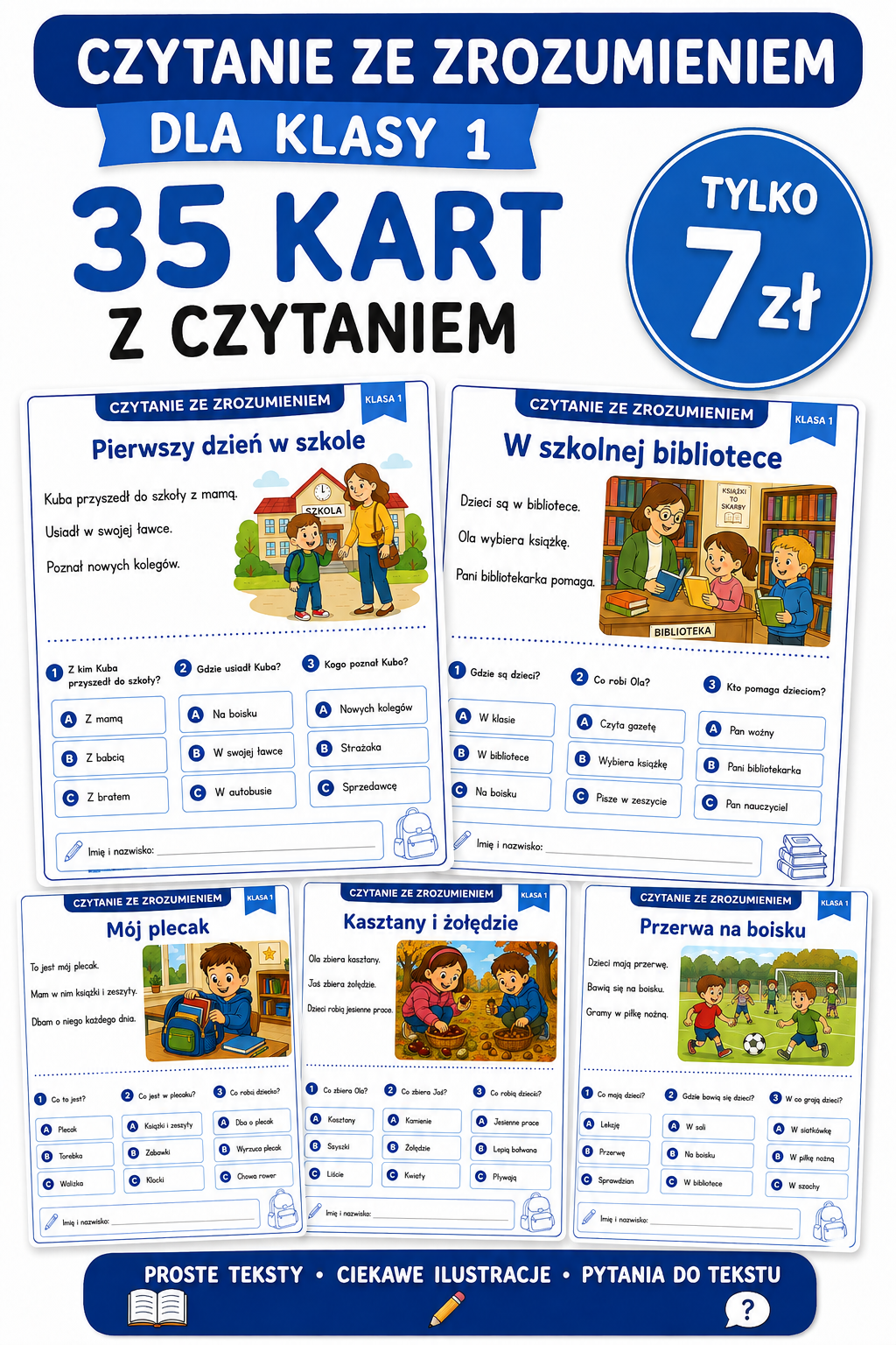 Czytanie ze zrozumieniem – Klasa 1 | 35 kart pracy PDF | Krótkie teksty i pytania do czytania