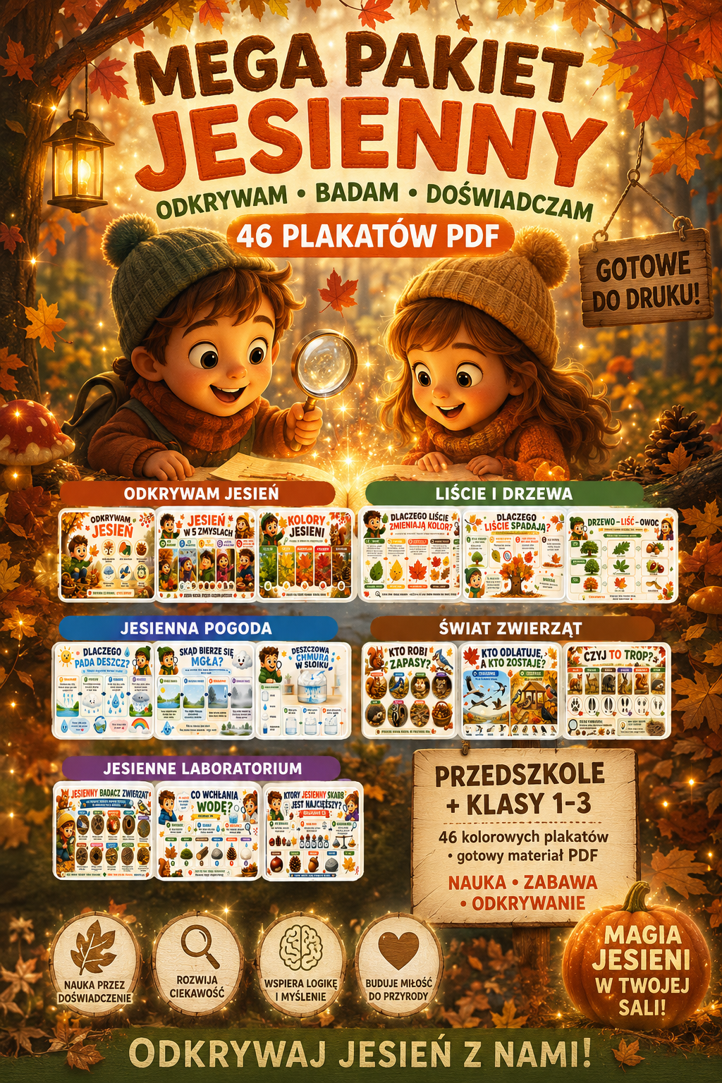 JESIEŃ – ODKRYWAM, BADAM, DOŚWIADCZAM | 46 plakatów edukacyjnych PDF | Przedszkole i klasy 1–3