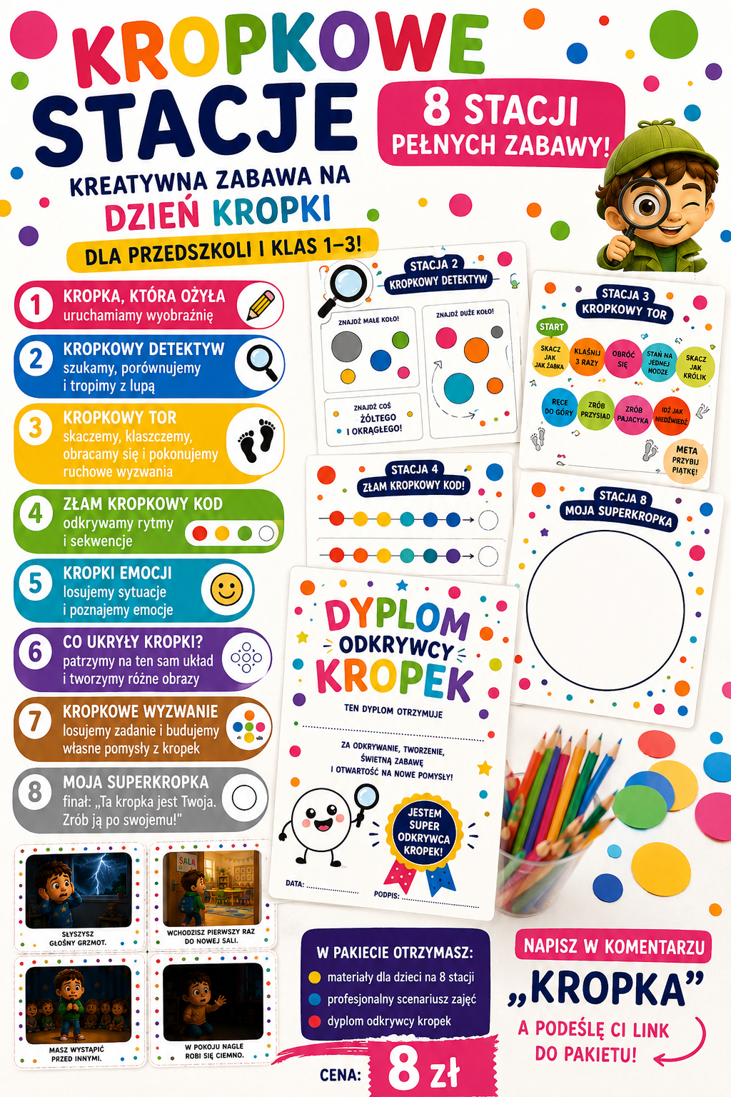 KROPKOWE STACJE – 8 kreatywnych stacji na Dzień Kropki | Przedszkole i klasy 1–3 | PDF