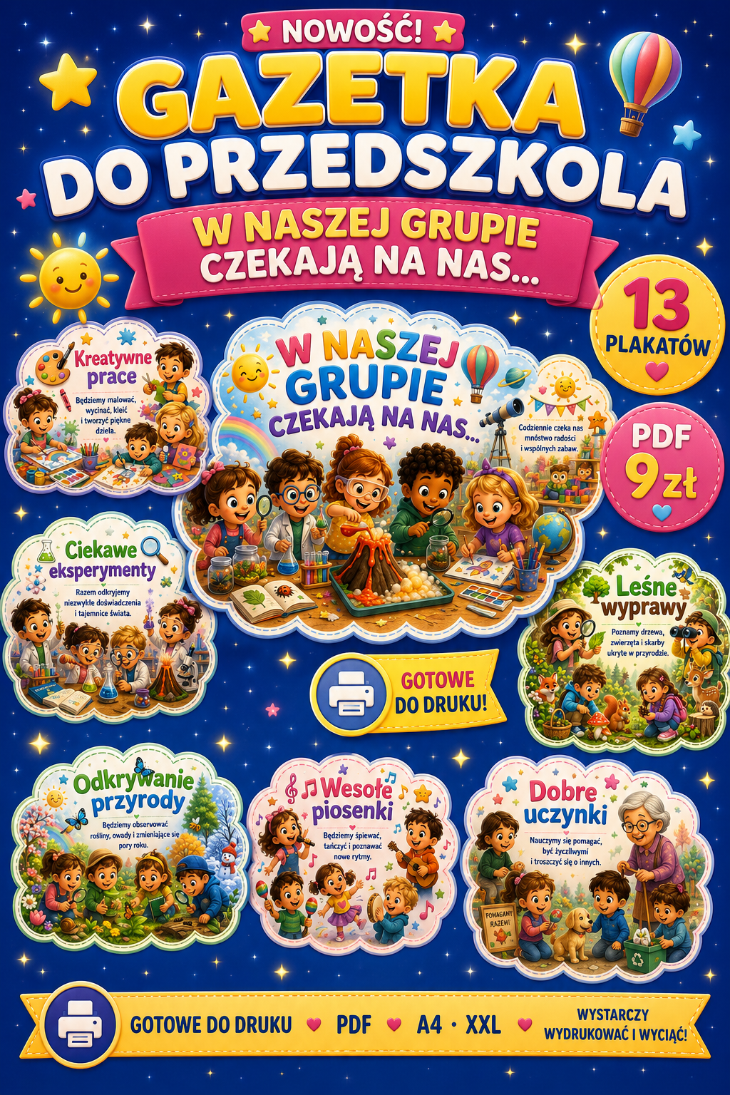 Gazetka do przedszkola PDF – „W naszej grupie czekają na nas…” | Dekoracja na rozpoczęcie roku przedszkolnego