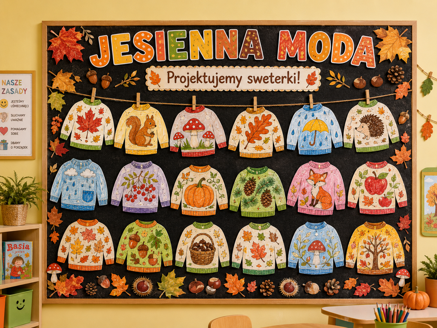JESIENNE SWETERKI DO KOLOROWANIA 34 WZORY + NAPIS JESIENNA MODA