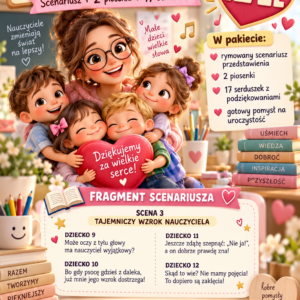 Gotowe przedstawienie na Dzień Nauczyciela – scenariusz dla 24 dzieci + 2 piosenki + serduszka | PDF + MP3