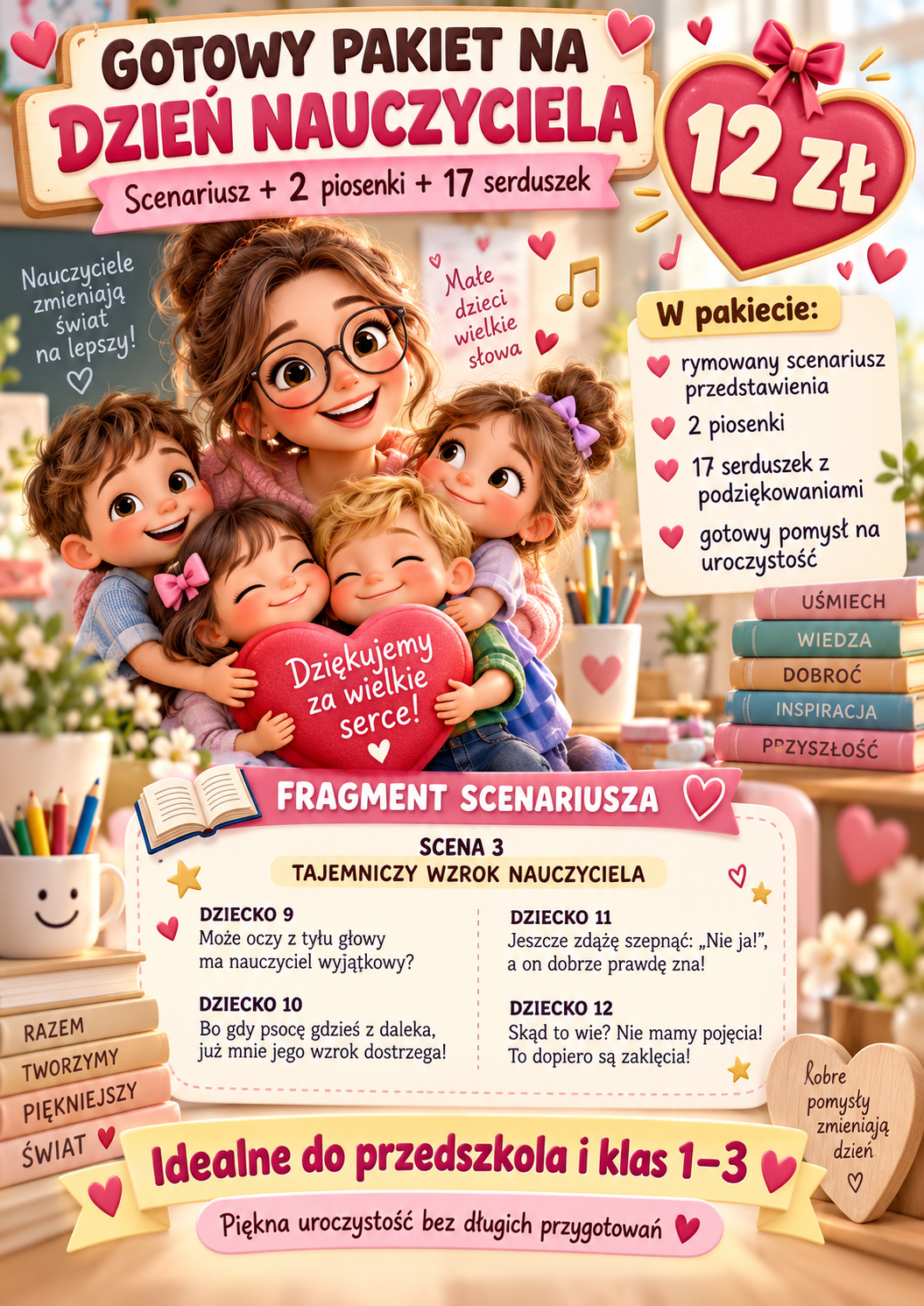 Gotowe przedstawienie na Dzień Nauczyciela – scenariusz dla 24 dzieci + 2 piosenki + serduszka | PDF + MP3