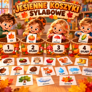 JESIENNE KOSZYKI SYLABOWE 64 karty obrazkowe + 4 koszyki | zabawa z sylabami PDF