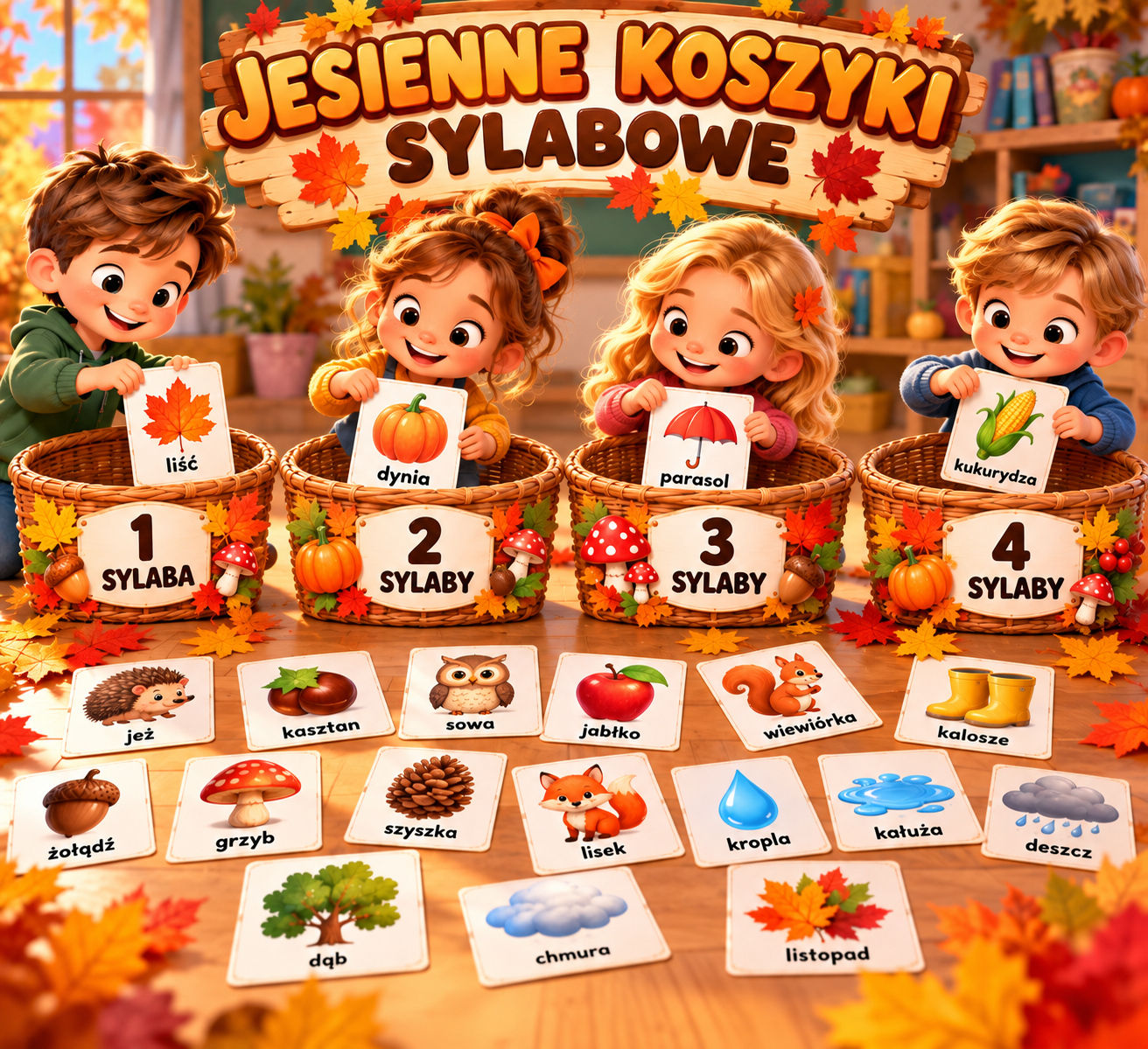 JESIENNE KOSZYKI SYLABOWE 64 karty obrazkowe + 4 koszyki | zabawa z sylabami PDF